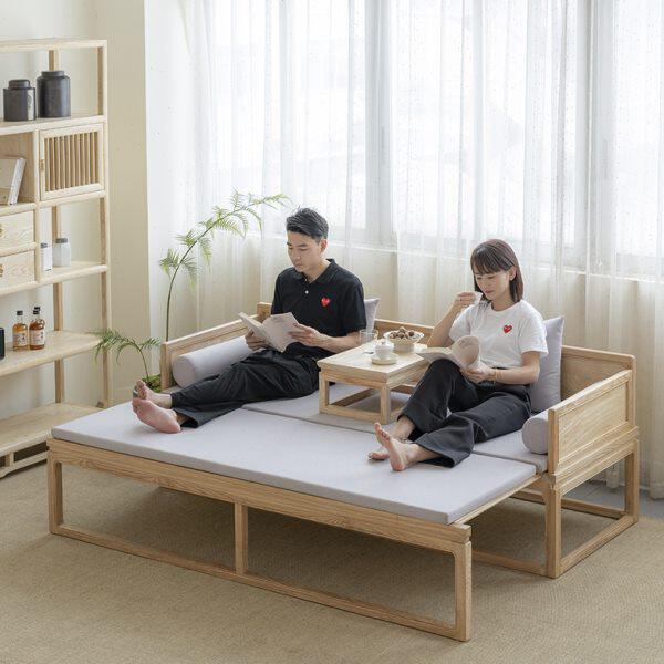 新中式小户型推拉罗汉床实木仿古贵妃卧榻现代简约伸缩三人沙发床