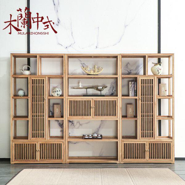 新中式博古架实木老榆木简约茶叶柜展示架普洱柜展示柜书架白蜡木
