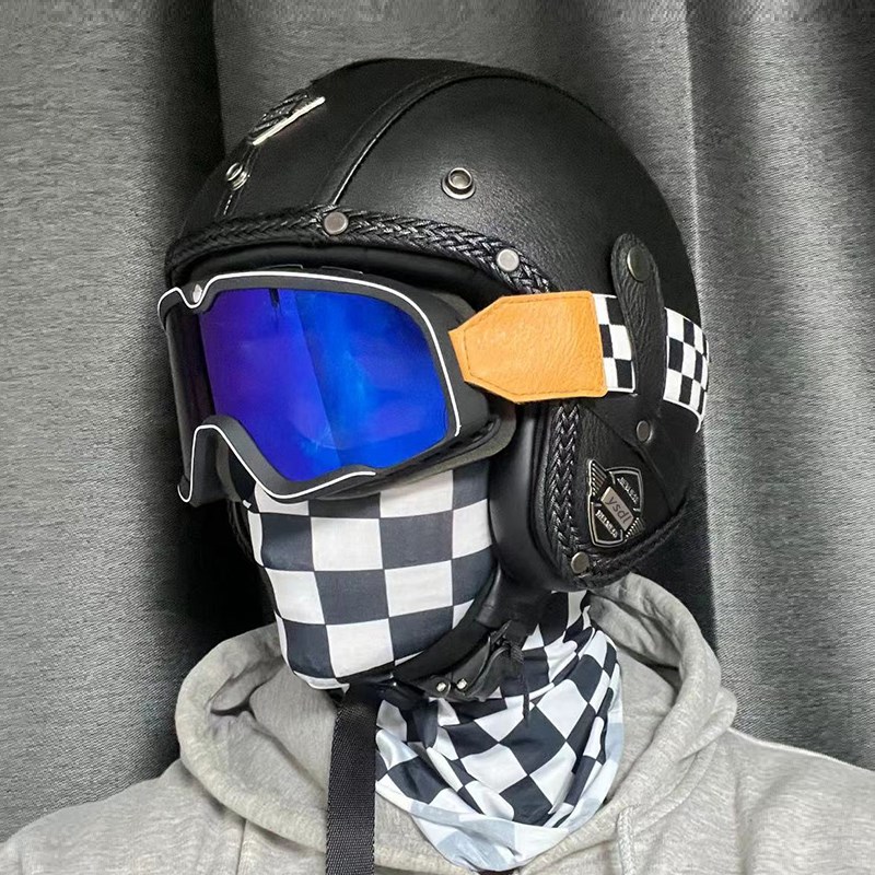 复古摩托车头盔灰男女四季复古机车半盔轻便电动车安全帽四季皮盔