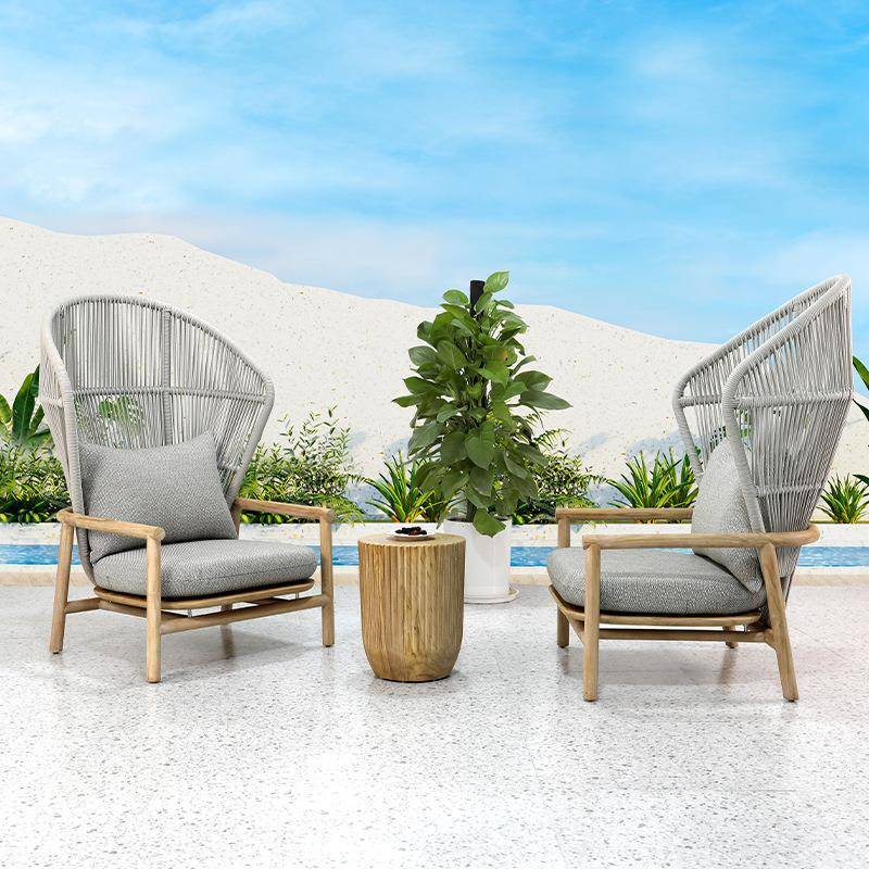 户外别墅露台柚木沙发酒店高背椅商用休闲藤编沙发茶几三件套