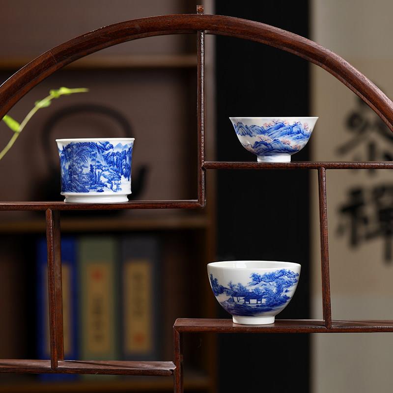 景德镇青花瓷纯手工手绘陶瓷茶杯复古山水画单个釉下彩高温茶具
