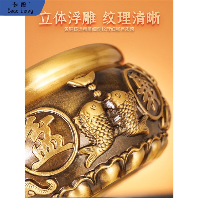 铜聚宝盆摆件聚招家用客厅玄关装饰品黄铜米缸R存钱罐酒柜店铺包