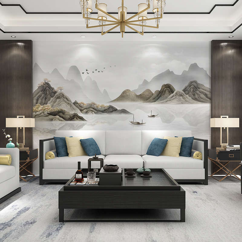 中式水墨山水墙纸客p厅电视背景墙壁布客厅沙发卧室装饰墙布墙纸