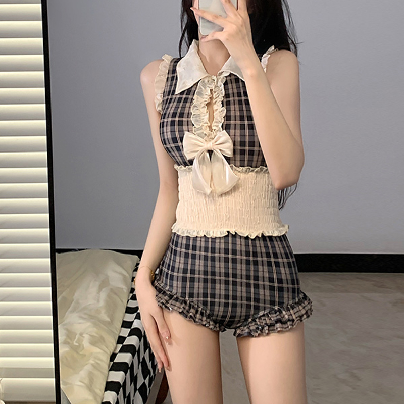 闺蜜蝴蝶结网红同款显瘦连体w钢托聚拢显瘦格子少女遮肚分体游泳
