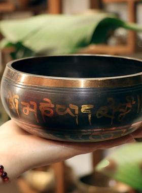 尼泊尔手工铜钵西藏颂钵六字真A言藏钵音疗钵佛音碗铜磬禅意摆件