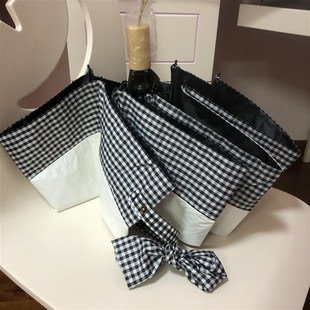 日系折叠盐系小清新三折木柄黑胶格子遮阳伞太阳T伞小巧便携公主