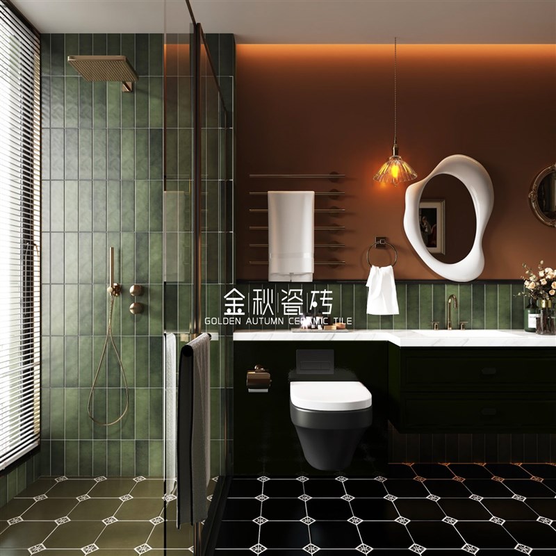 法式复古渐c变墨绿色长条手工砖卫生间墙砖民宿浴室吧台阳台背景