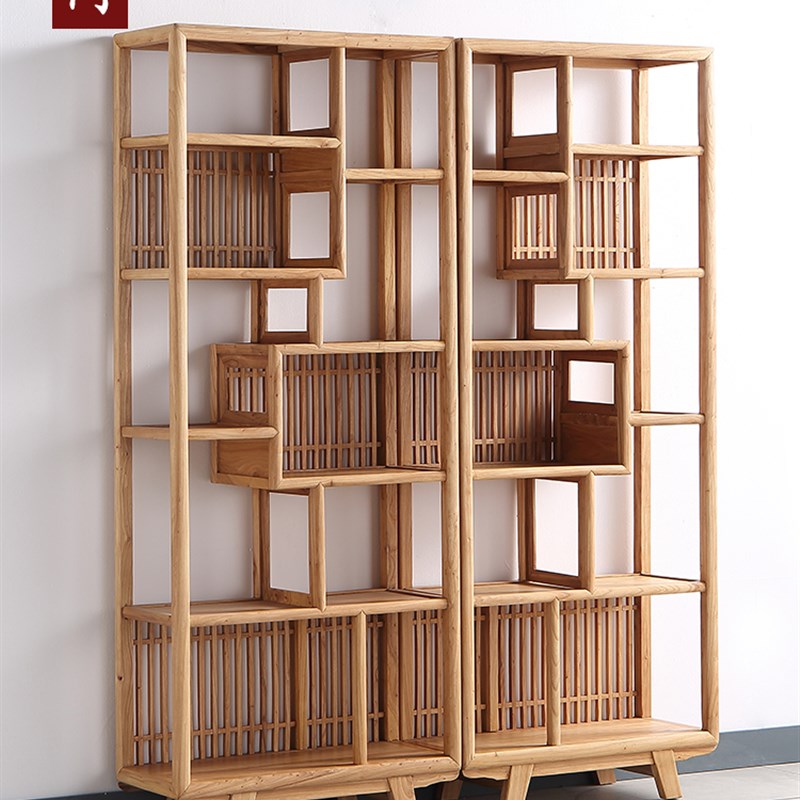 宋式美学新中式老榆木书柜博古架书柜禅意L实木家具展示柜简约茶