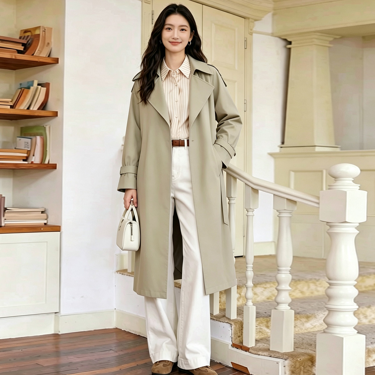 吉米赛欧英伦风长款风衣女春秋简约通勤百搭休闲气质显瘦腰带外套