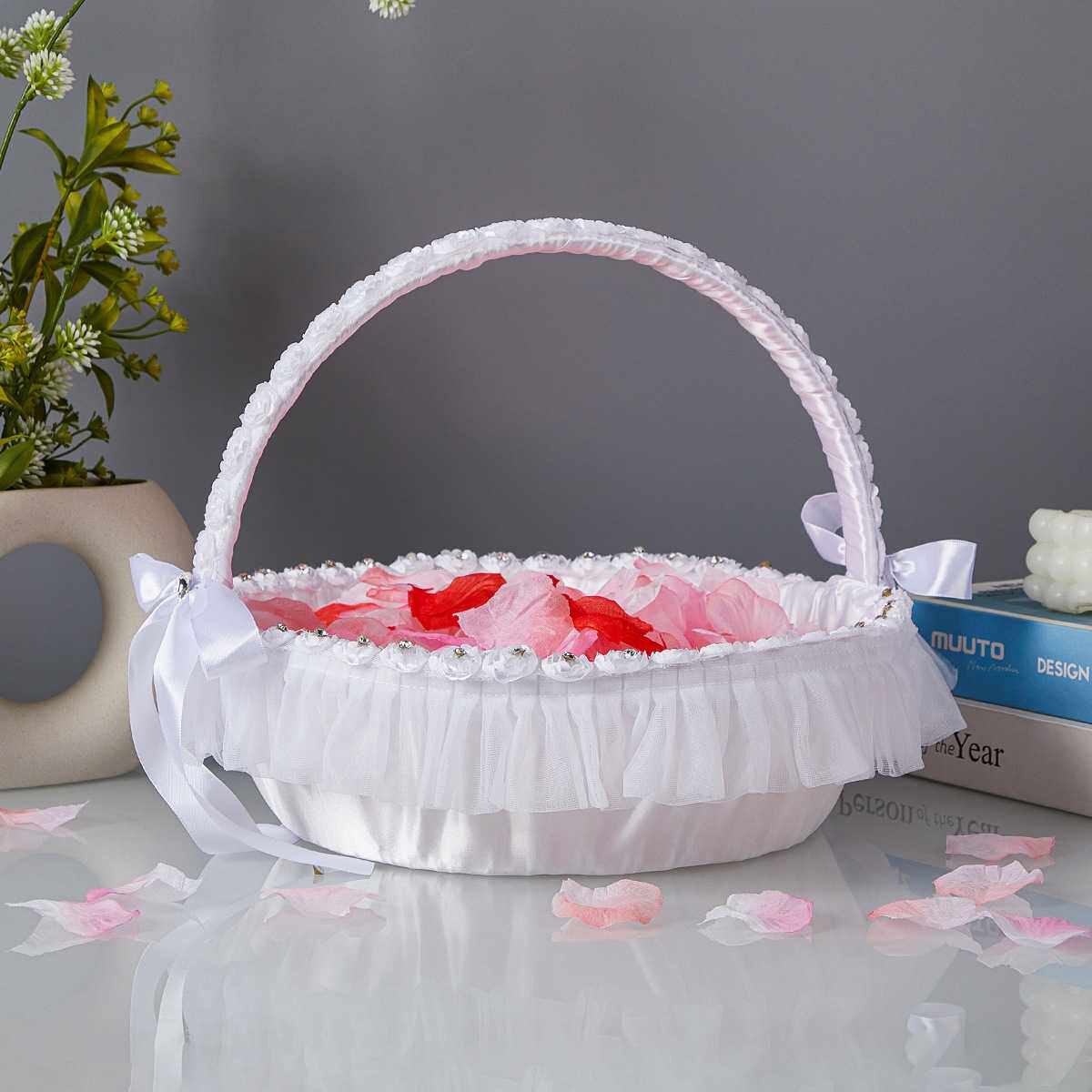 西式藤编织大花篮婚礼道具北欧伴娘婚车撒花蕾丝花篮子婚庆用品