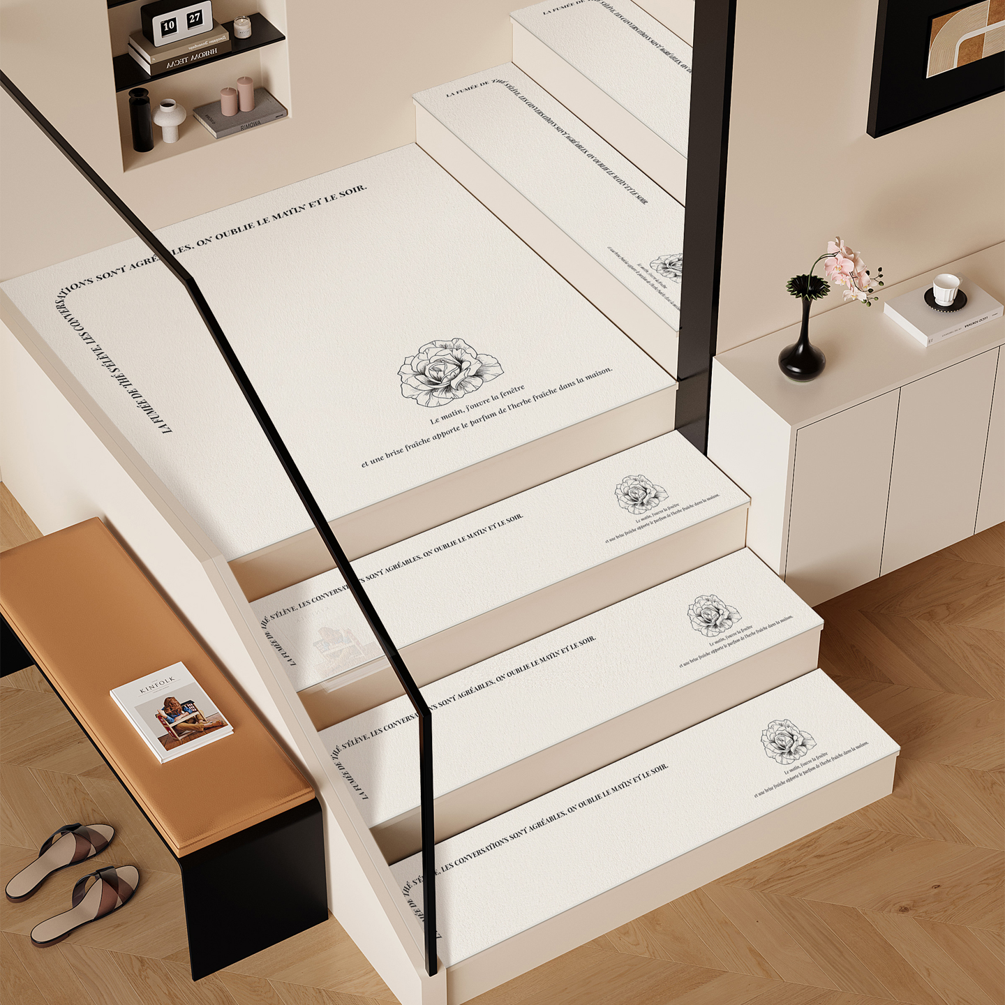 法式奶油风硅藻泥实木楼梯垫