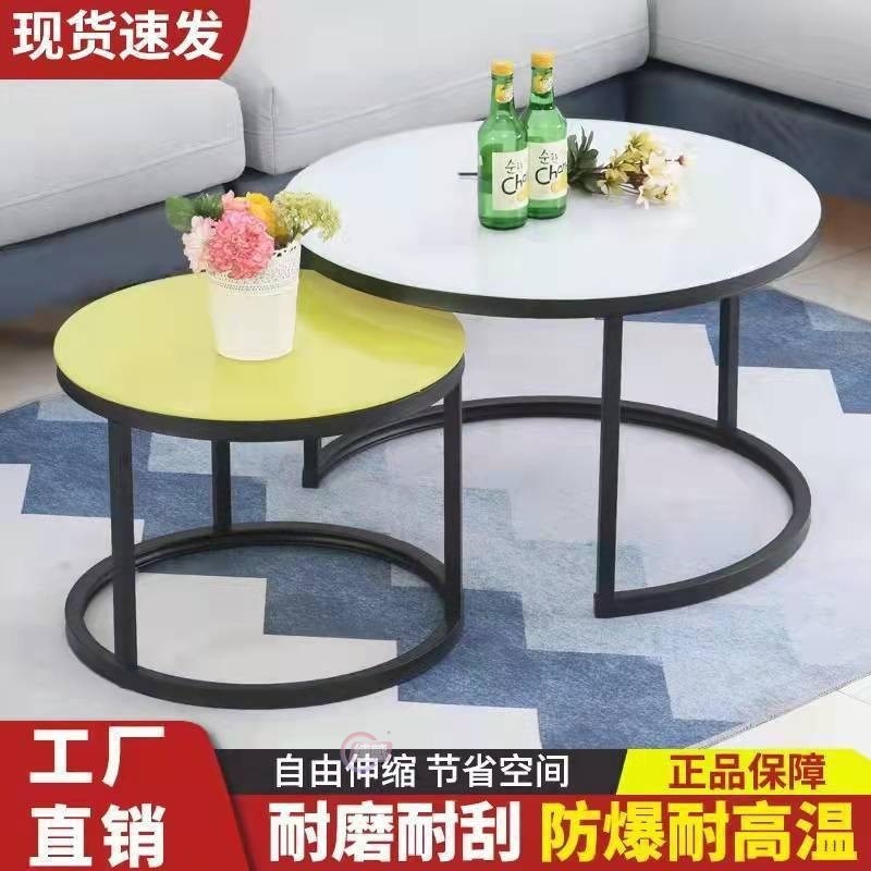 轻奢网红家e用客厅桌子简约铁艺北欧小户型钢化玻璃大小圆形茶几