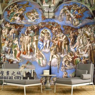 壁画教酒店墙纸创世纪末墙布穹顶审判日欧式油画堂屋顶壁画天花板