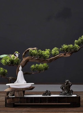 新中式禅意枯山水摆件微景观假山迎客松沙盘办Q公室家居客厅装饰