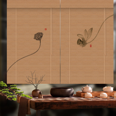 印花竹帘卷帘窗帘卷拉式茶室客厅新中式禅意隔断门帘装Z饰遮阳窗