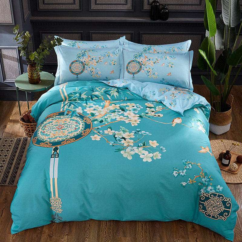 新中式100%全棉四件套60支斜A纹纯棉3D印花被套床单新疆长绒棉床