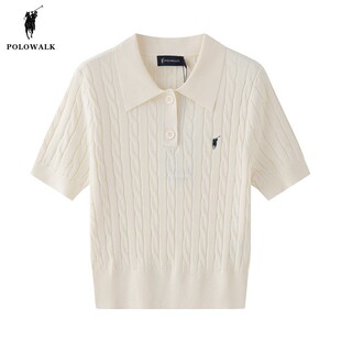 POLOWALK短袖针织衫女夏季新款保罗女装通勤气质绞花翻领T恤上衣