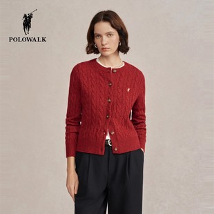 POLOWALK红色毛衣开衫女25冬季新款保罗女装时尚绞花羊毛针织外套