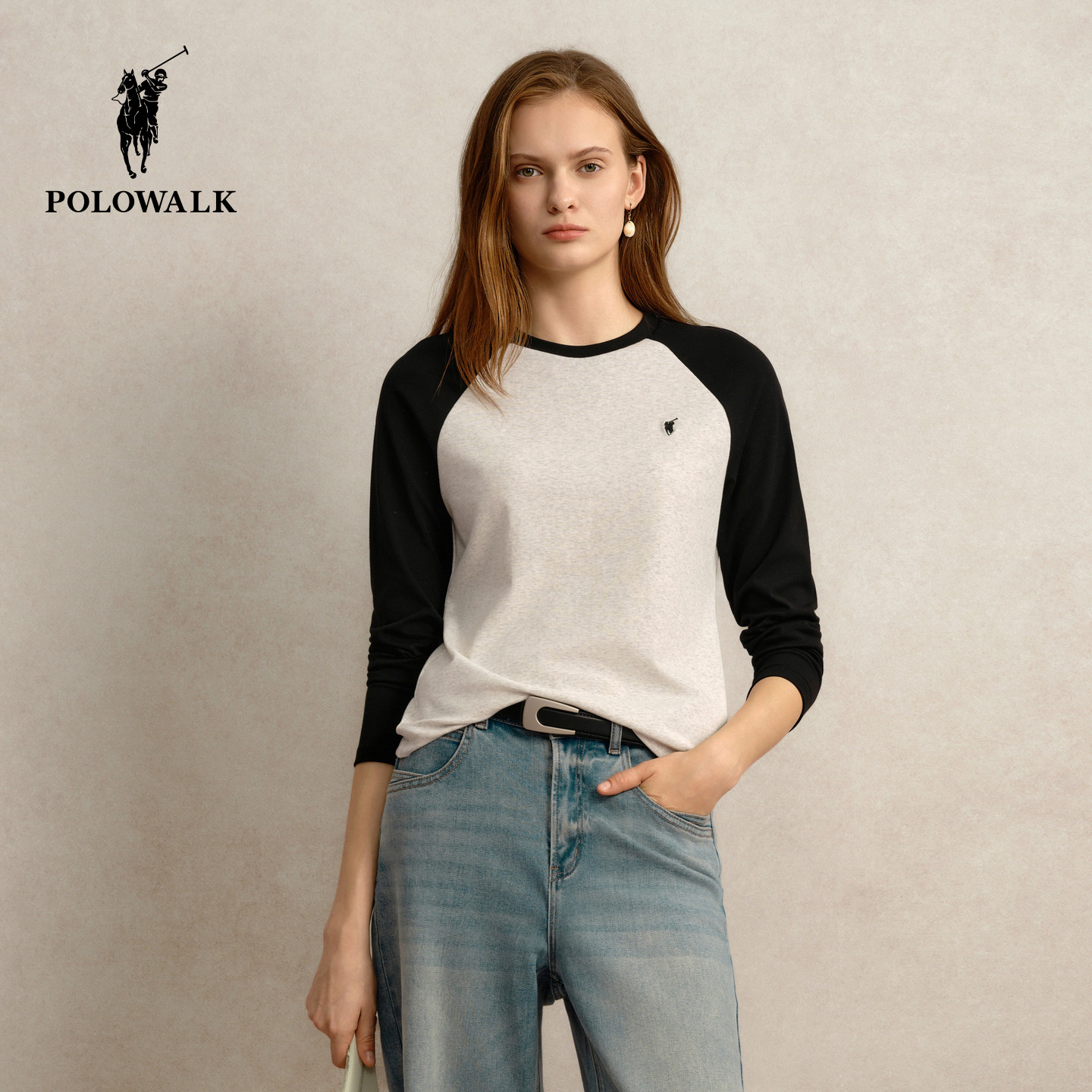 POLOWALK长袖T恤女2026秋季新款保罗女装撞色插肩袖百搭圆领上衣
