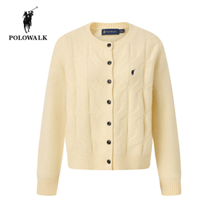POLOWALK羊毛开衫女25冬季新款保罗女装简约休闲圆领绞花毛衣外套