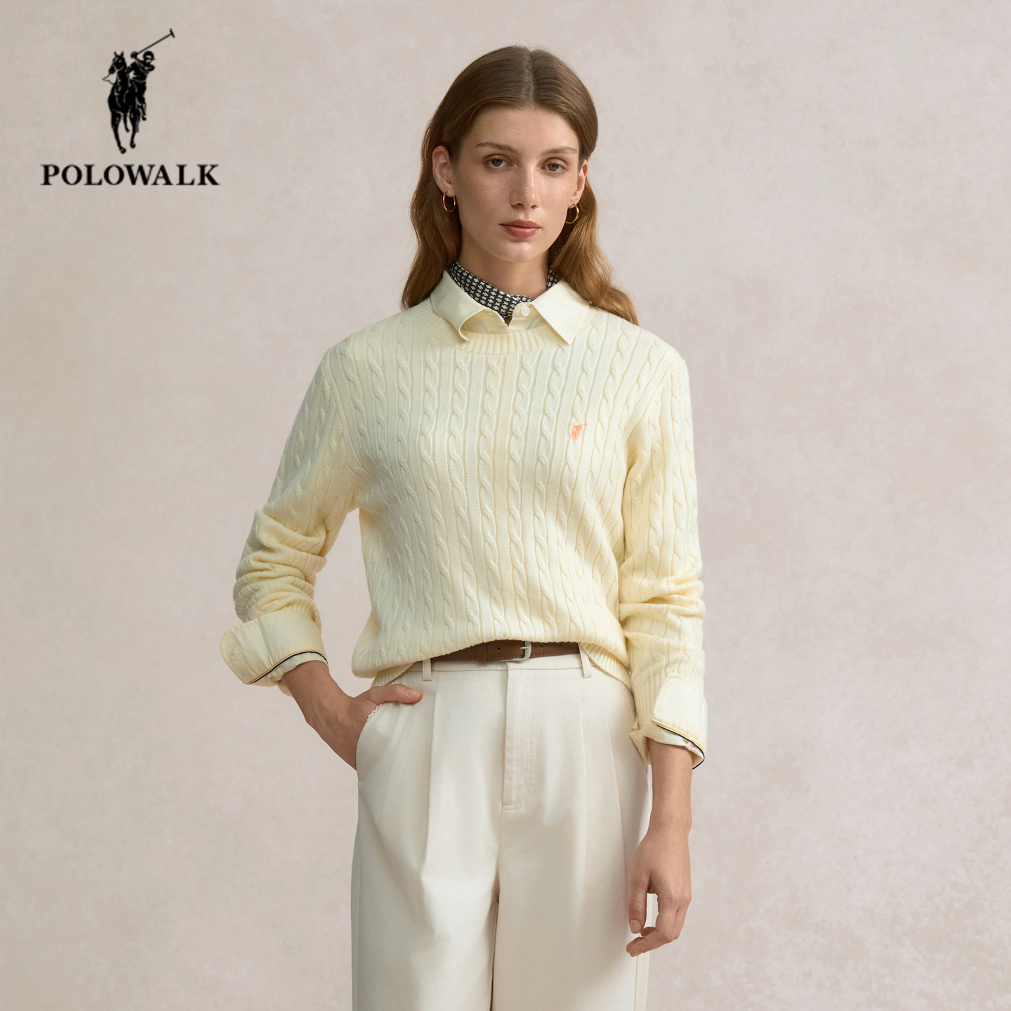 POLOWALK长袖针织衫女秋季新款保罗女装修身显瘦百搭圆领绞花毛衣,女装/女士精品,毛针织衫,淘宝优惠券,粉丝福利购,淘宝优惠卷
