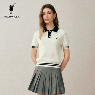 POLOWALK短袖针织衫女夏季新款保罗女装翻领绞花显瘦半袖通勤上衣