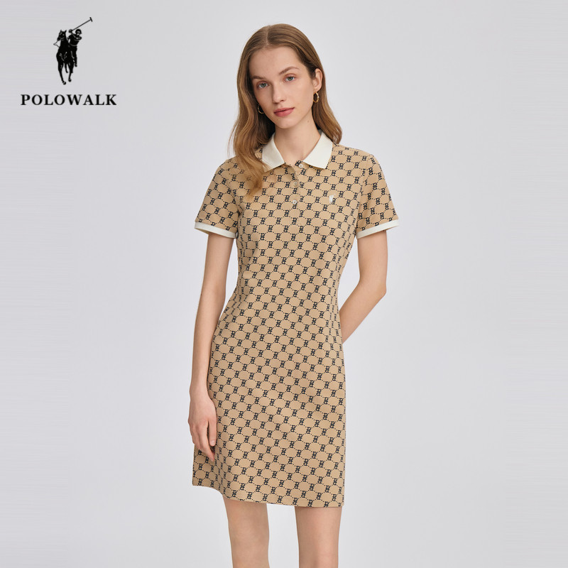 POLOWALK印花短袖连衣裙女26夏季新款保罗女装收腰显瘦翻领polo裙