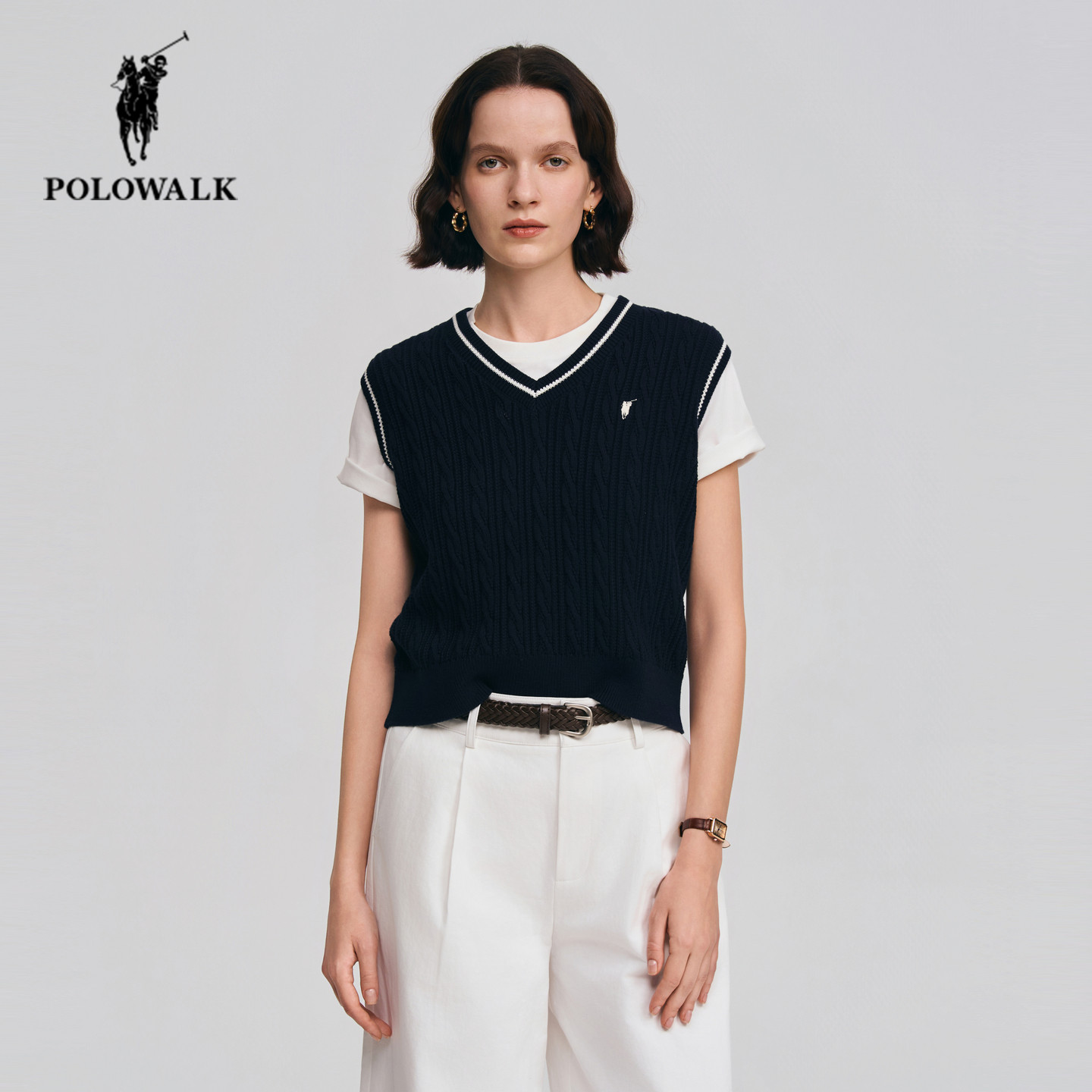 POLOWALK针织背心女26年春季新款保罗女装学院风V领撞色绞花坎肩