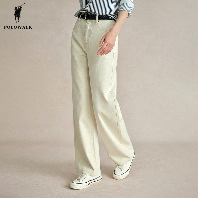 POLOWALK白色直筒牛仔裤女25秋季新款保罗女装宽松休闲显瘦长裤子