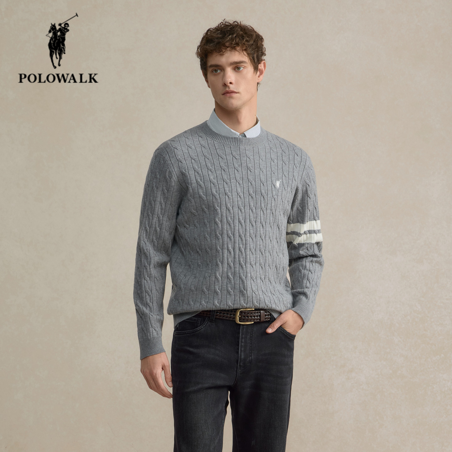 POLOWALK男士绞花针织衫2025秋季新款保罗男装商务休闲圆领毛衣男,男装,针织衫/毛衣,淘宝优惠券,粉丝福利购,淘宝优惠卷