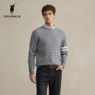POLOWALK男士绞花针织衫2025秋季新款保罗男装商务休闲圆领毛衣男