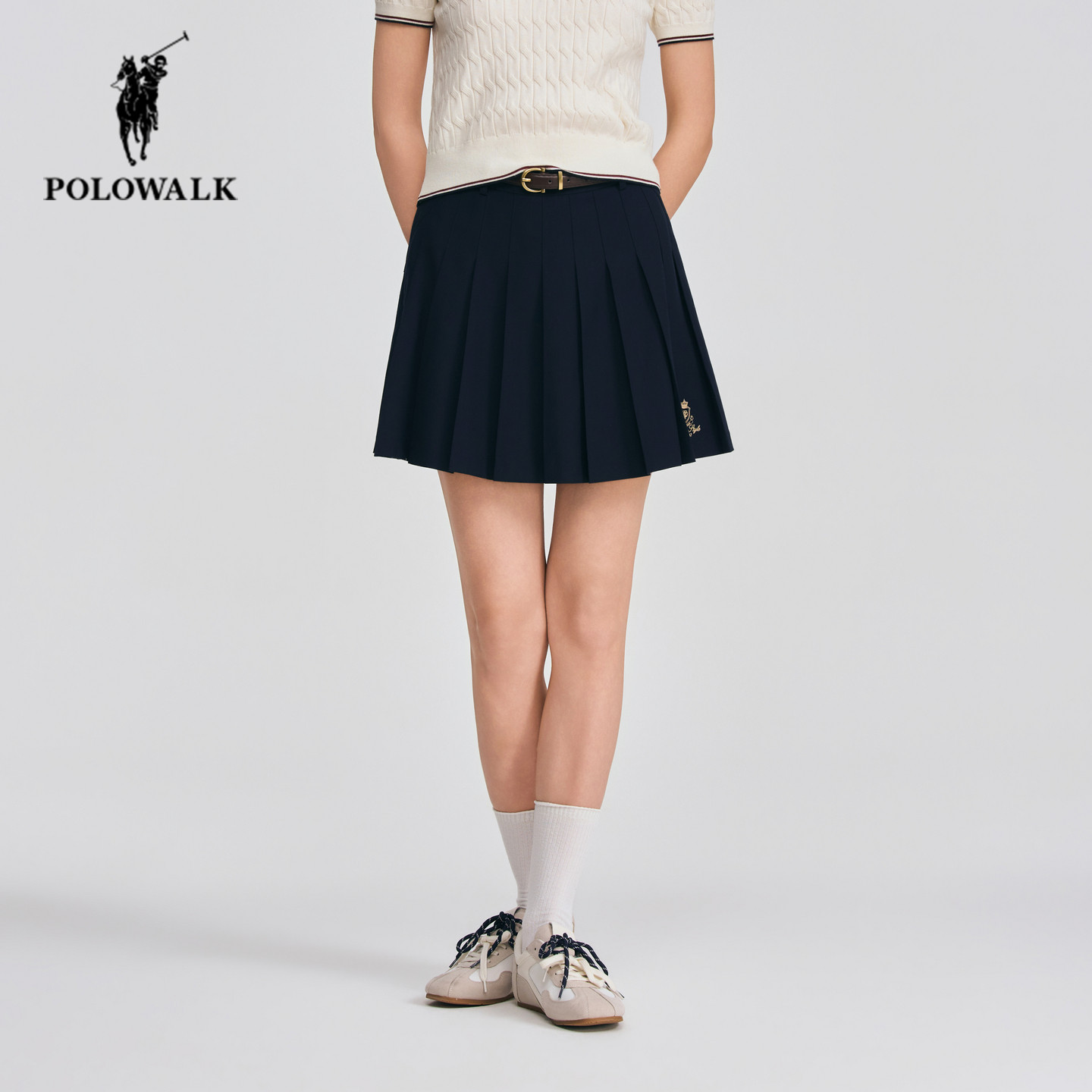 POLOWALK春夏新品学院风百褶半裙