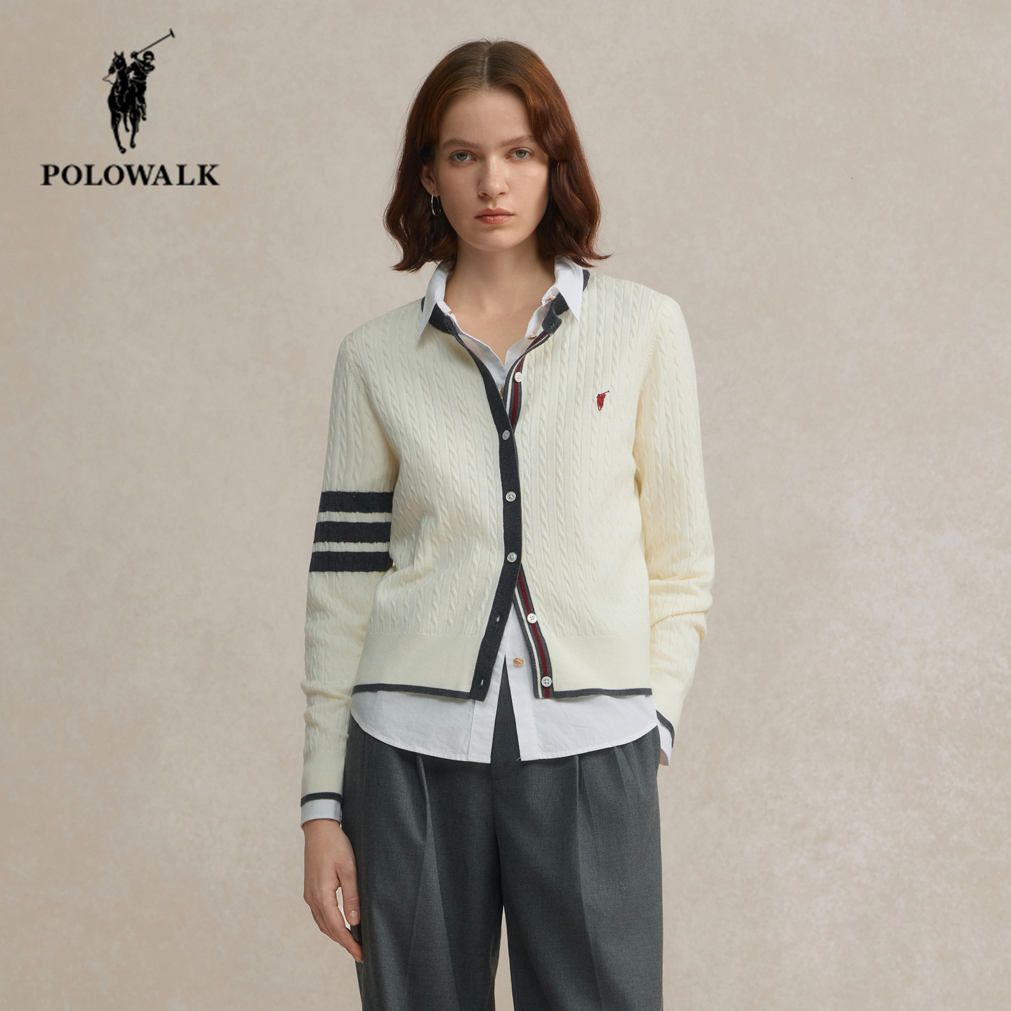 POLOWALK绞花针织开衫女2025秋季新款保罗女装时尚撞色边毛衣外套,女装/女士精品,毛针织衫,淘宝优惠券,粉丝福利购,淘宝优惠卷