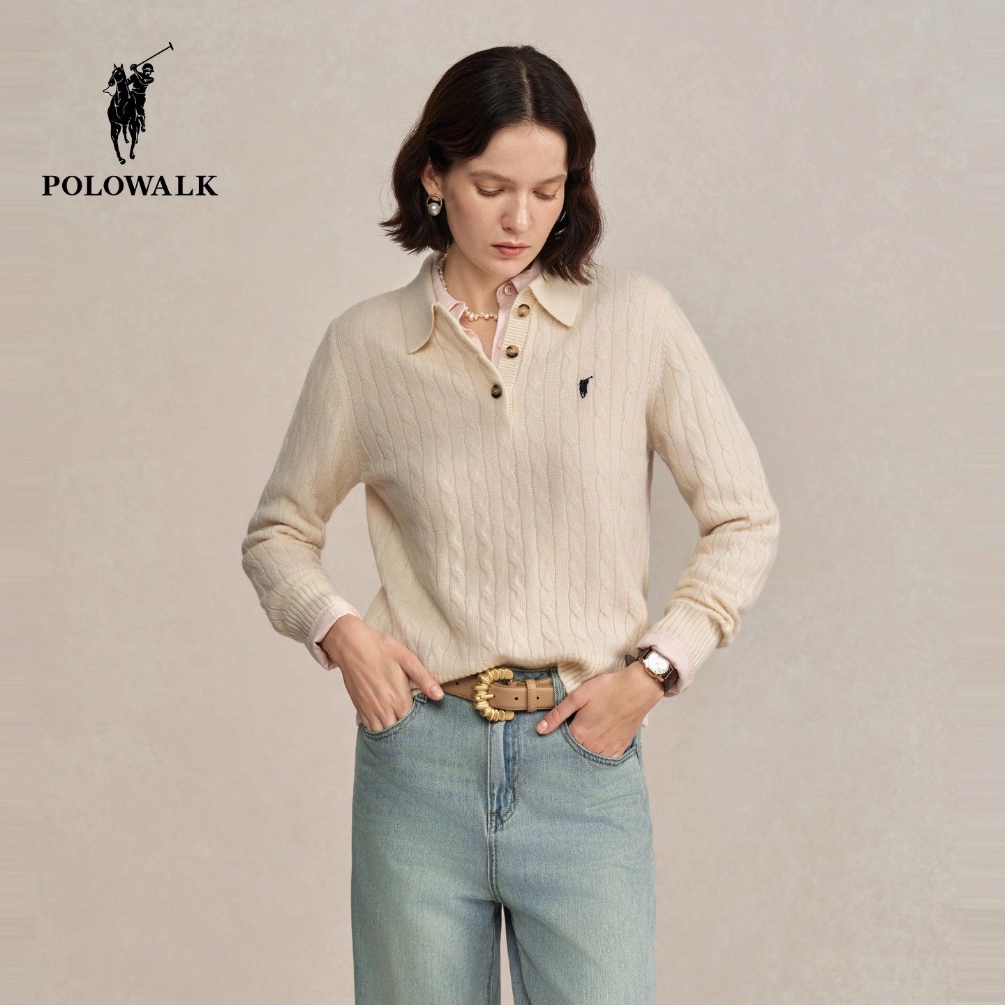 POLOWALK翻领绞花针织衫女25冬季新款保罗女装气质修身保暖羊毛衫,女装/女士精品,毛针织衫,淘宝优惠券,粉丝福利购,淘宝优惠卷