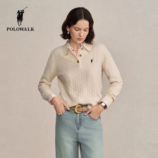 POLOWALK翻领绞花针织衫女25冬季新款保罗女装气质修身保暖羊毛衫