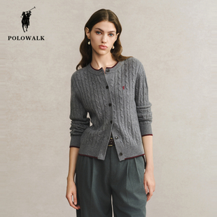 POLOWALK双层领羊毛针织开衫女冬季新款保罗女装绞花圆领毛衣外套