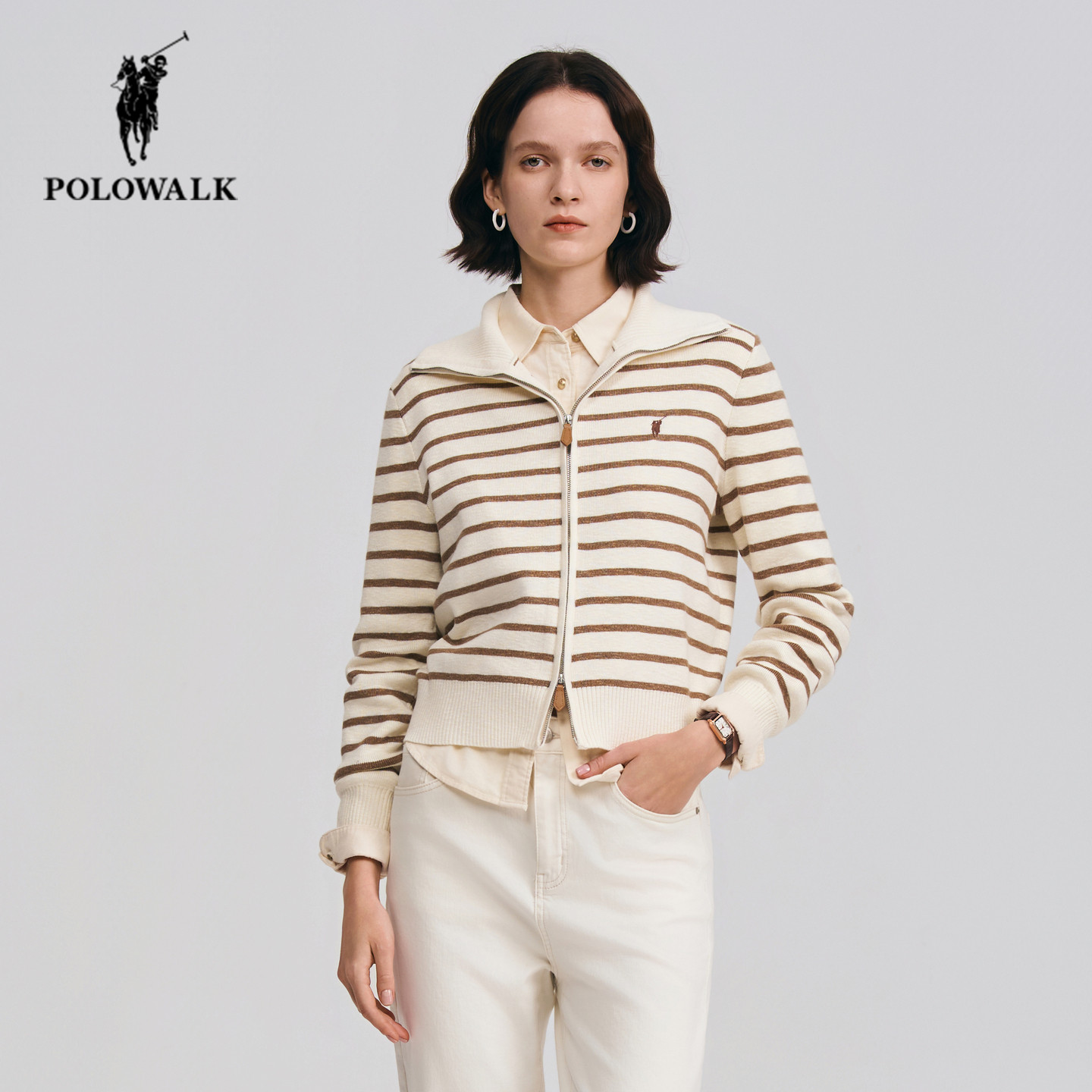 POLOWALK条纹长袖针织衫女2026春季新款保罗女装气质翻领毛衣外套,女装/女士精品,毛针织衫,淘宝优惠券,粉丝福利购,淘宝优惠卷