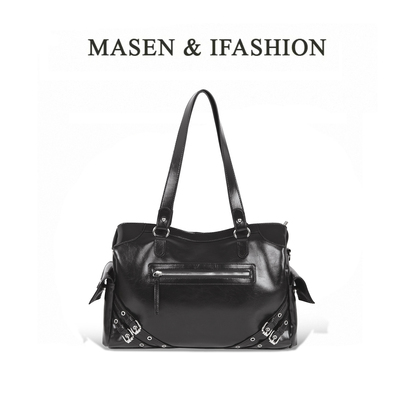 机车风大容量百搭黑色皮质托特包