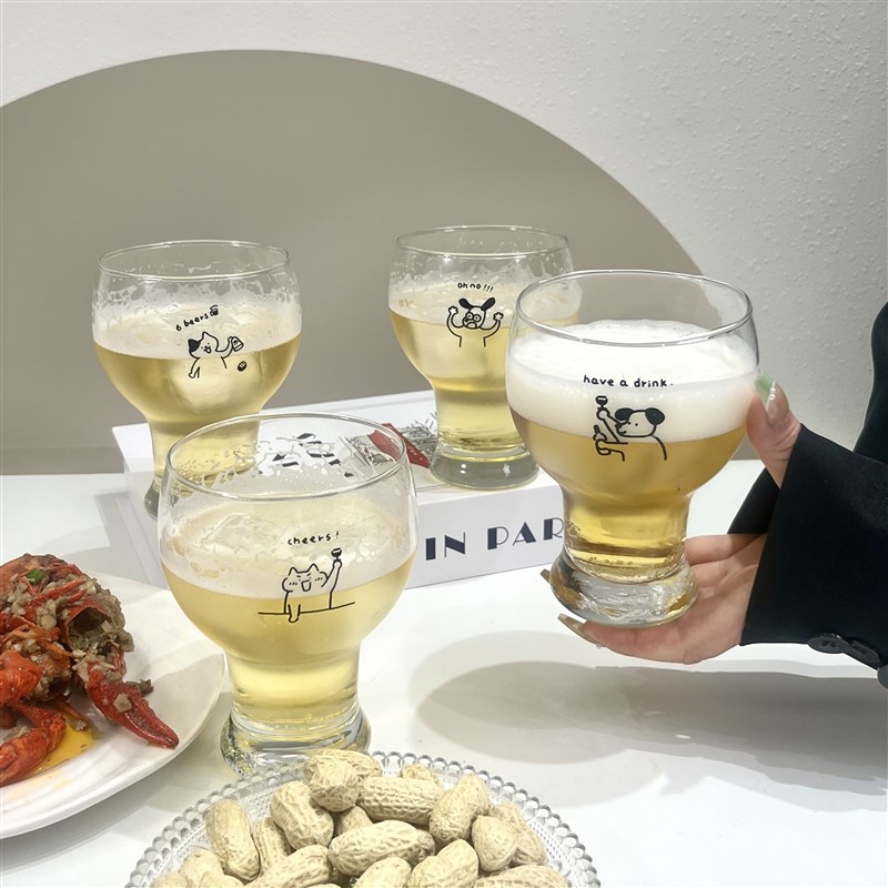 原创小狗扎啤杯玻璃杯大容量家用精酿啤酒杯果汁饮料冰咖啡杯商用