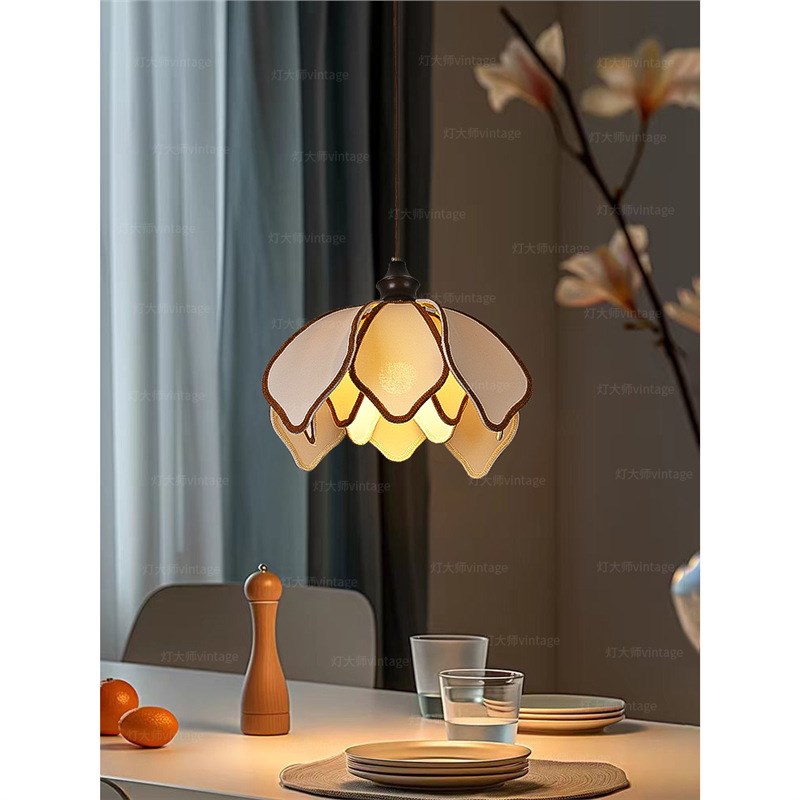 法式中古风餐厅吊灯书房卧室日式诧寂风H高级茶室布艺实木花瓣吊