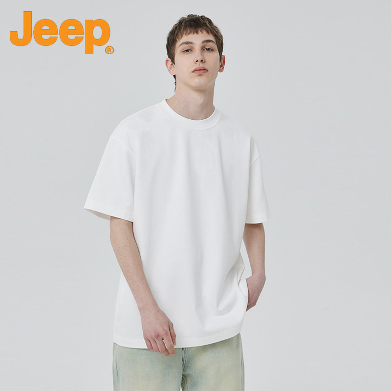 Jeep吉普新疆长绒棉240克重磅纯棉短袖T恤男女宽松圆领体美式上衣