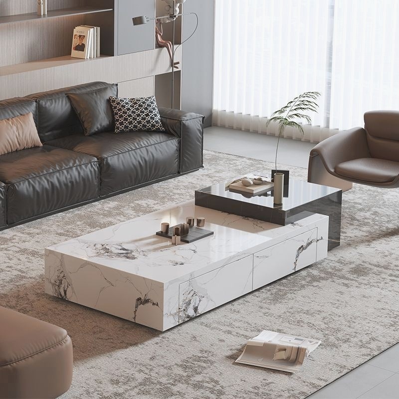 意式轻奢岩板茶几组合高端别x墅茶台长方形小户型客厅家用网红茶