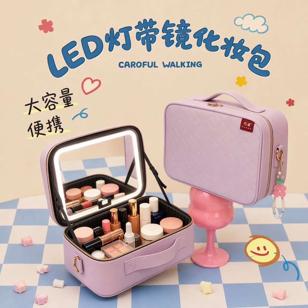 大容量带镜化妆包女LED灯图片