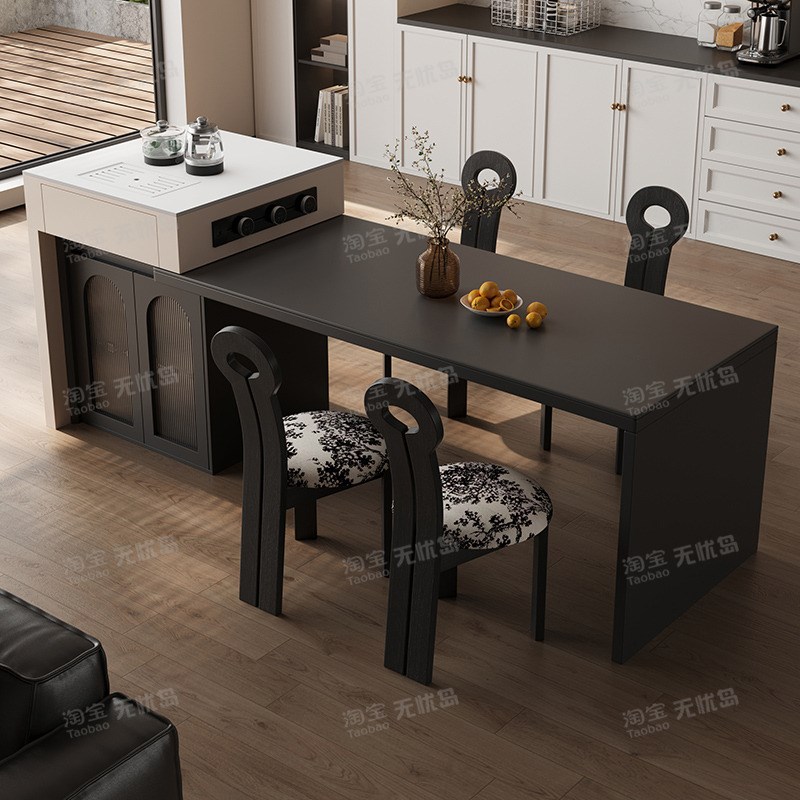意式极简倒台岩板k岛台加餐桌一体家用实木多功能可伸缩厨房中岛