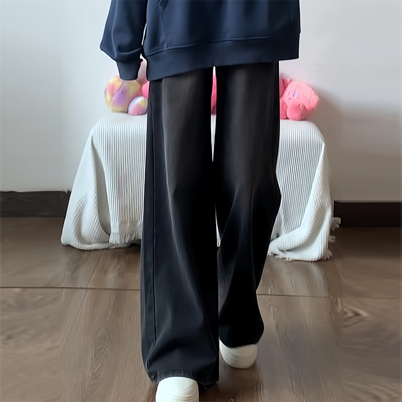 黑色牛仔裤2025新款小个子阔腿裤女胖mm显瘦宽松垂感窄版直筒裤子
