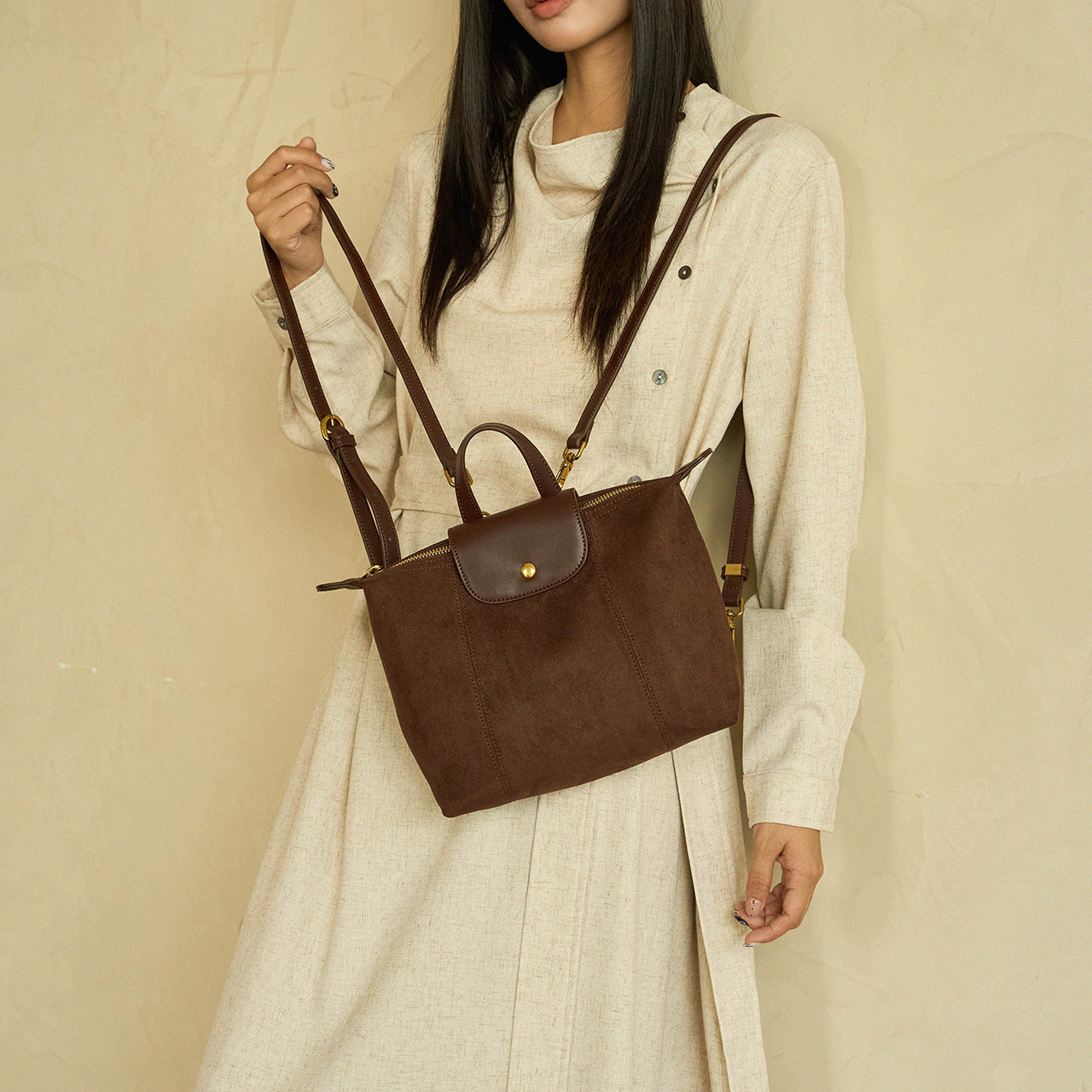 MAGNOLIA曼歌妮简约风绒面手提包女小巧通勤包时尚咖色单肩双肩包