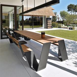 户外桌椅套件连体长凳院子餐厅咖啡厅休闲露天庭院不锈钢外摆组合