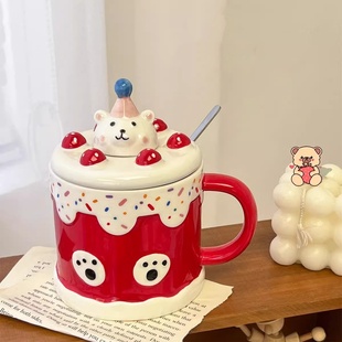 可爱小熊陶瓷马克杯带盖勺创意甜品造型咖啡杯高颜值女生生日礼物