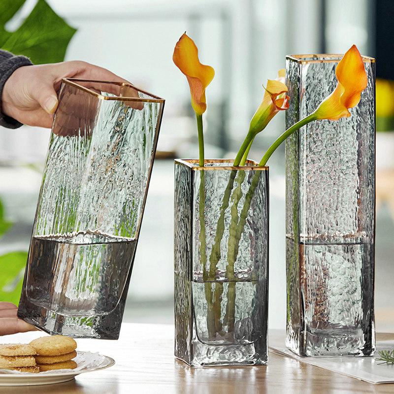 北欧轻奢网红方口描金花瓶玻璃透明D复古花瓶干鲜花插花瓶摆件客,鲜花速递/花卉仿真/绿植园艺,花瓶,淘宝优惠券,粉丝福利购,淘宝优惠卷
