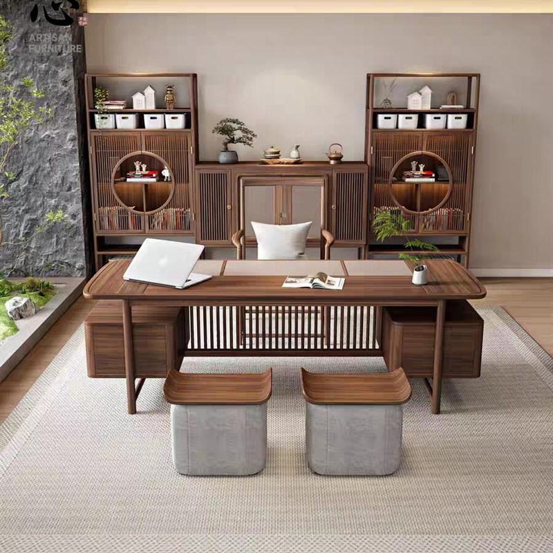 新中式实木老板桌高档北美黑胡y桃大班台简约现代总裁桌办公桌定